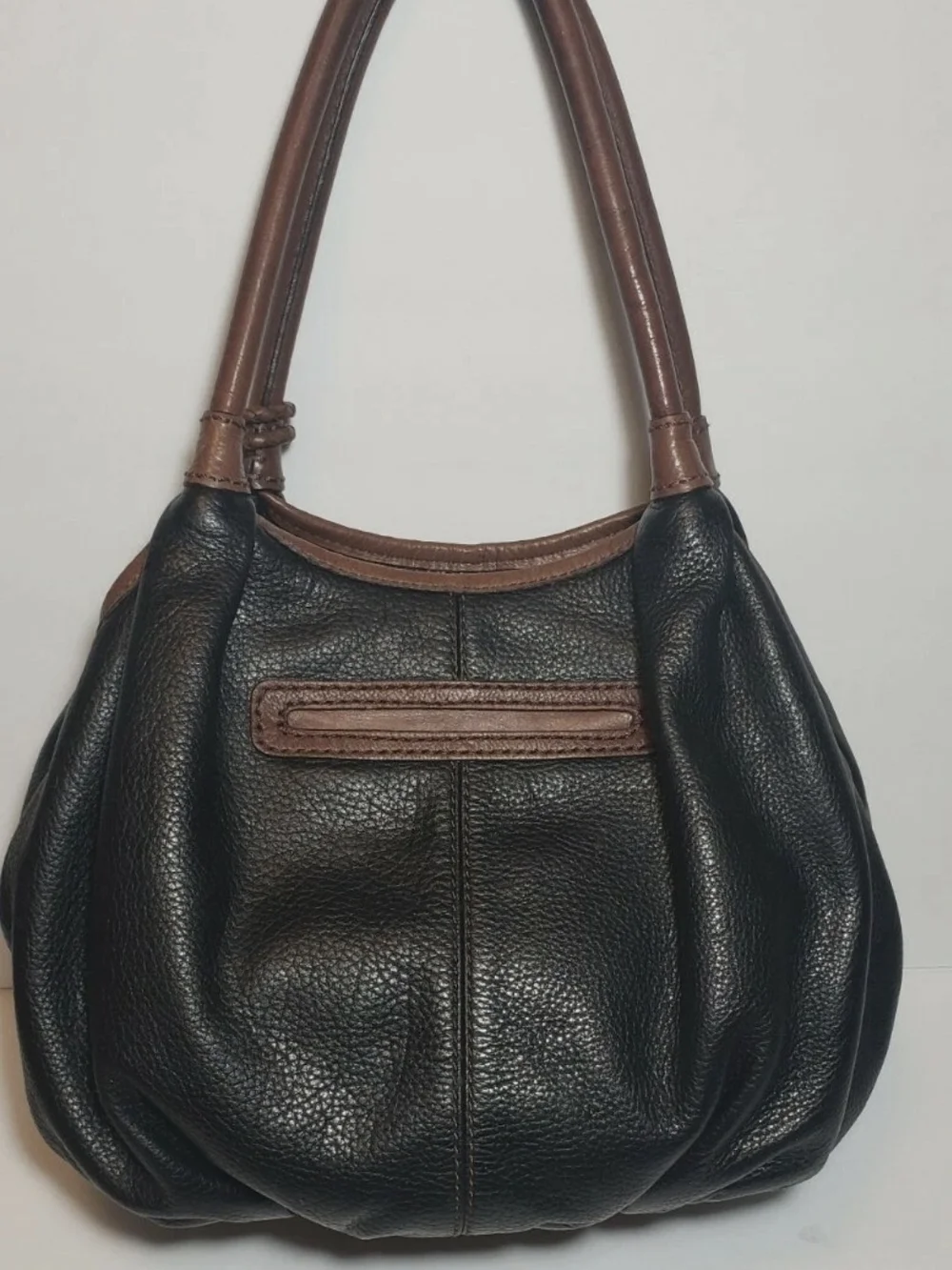 Brighton Black Leather Bag with Brown Leather Medallion and Silver Emblem